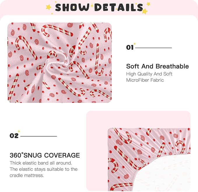 Candy Cane Christmas Pink Crib Sheets Soft Breathable Fitted Baby Playard Sheets Mattress Cover for Girl Boys, 39" x 27" x 5"