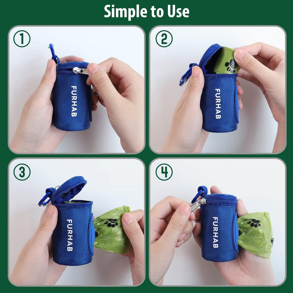 Dog Poop Bag Holder for Leash Doggie Waste Bag Dispenser Soft Fabric Puppy Potty Carrier Small Doggy Zipper Pouch with Carabiner Clip 1680D Nylon Oxford with 1 Roll of Pet Trash Bag, Royal Blue