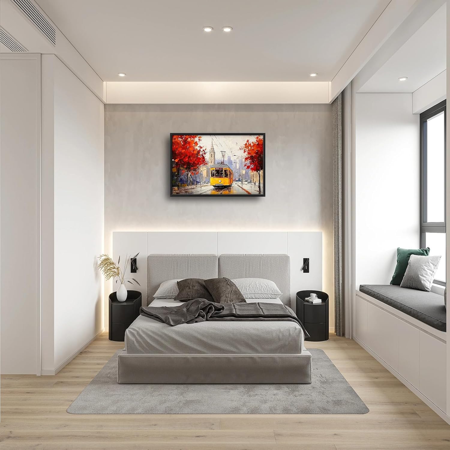 Large Cityscape Wall Art for Living Room, Framed Oversized Urban Tram Wall Decor Tree Landscape Canvas Painting Modern Artwork for Living Room Bathroom Bedroom Office Dining Room 36"x24"