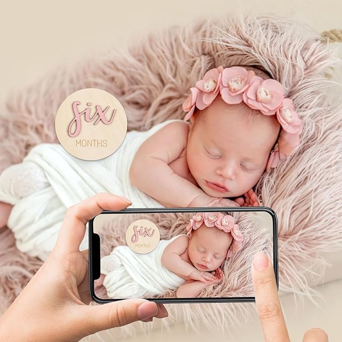 Monthly Baby Girl Milestone Circles: Newborn Milestone Age Wooden Cards from 1-12 Months - Birth One Month Markers Discs for Girls Photo Props