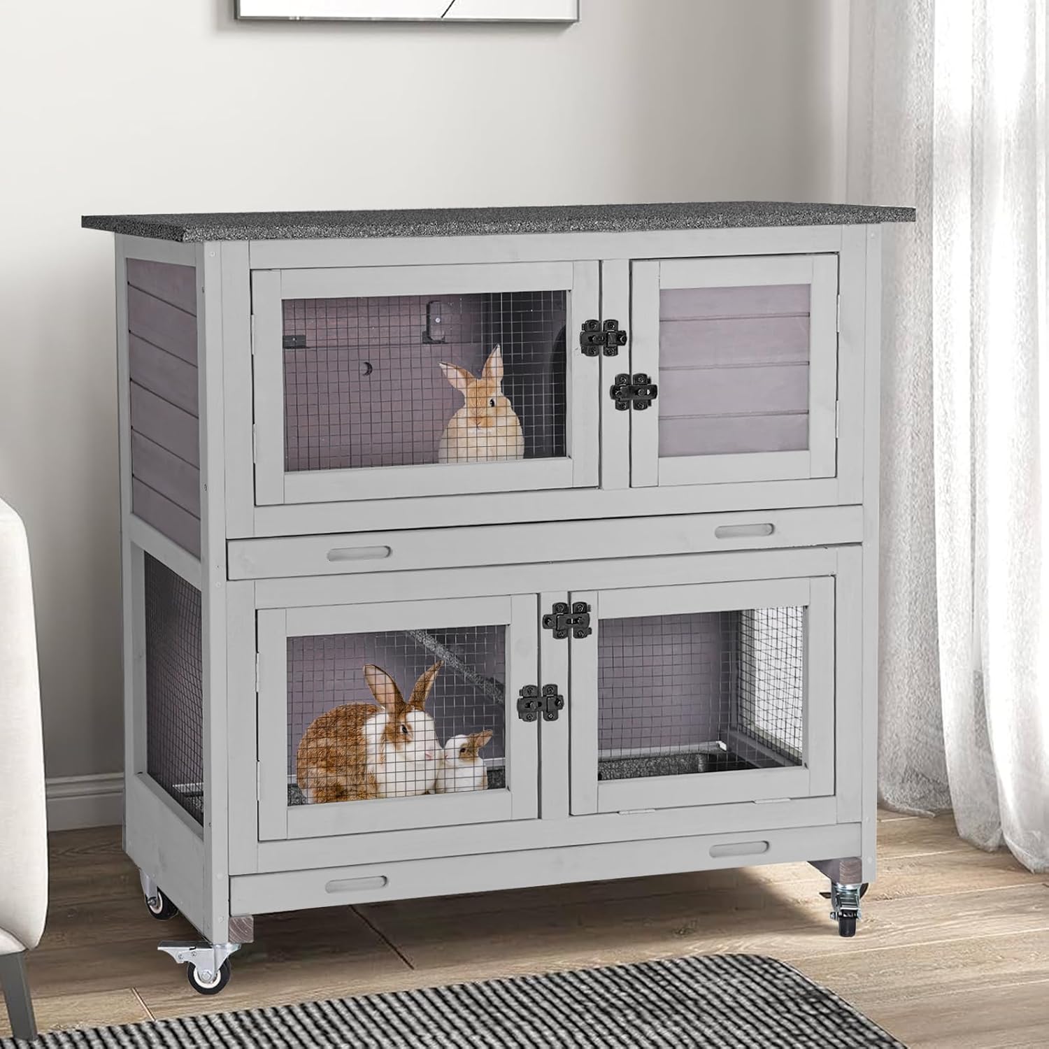 GUTINNEEN Rabbit Hutch Indoor with Chew-Proof Design, Wooden Bunny Cage Outdoor Guinea Pig Cages with Wheels, Leak-Proof Trays for Rabbits, Guinea Pigs, Small Animals