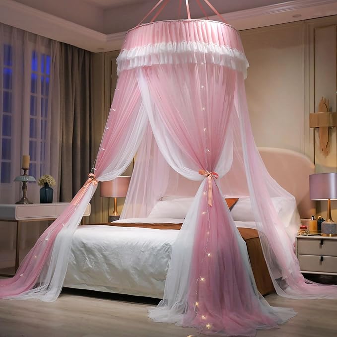 AIKASY Girls and Adults Canopy Bed, Elegant Double-Layer Bed Curtain, Children's Dream Round Lace Mosquito Net, Princess Canopy Net - Fits Twin, Full, Queen, and King Beds (White/Pink)