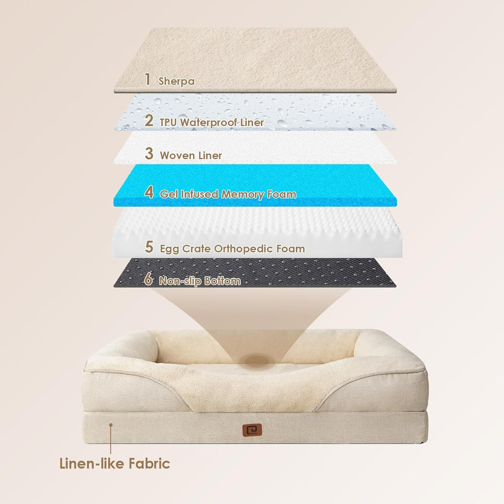 EHEYCIGA Memory Foam XL Dog Bed for XLarge Sized, Extra Large Orthopedic Dog Sofa with Sides and Waterproof Liner, Washable Bolster Pet Bed Couch with Removable Cover, 42x30x7.5 Inch, Beige