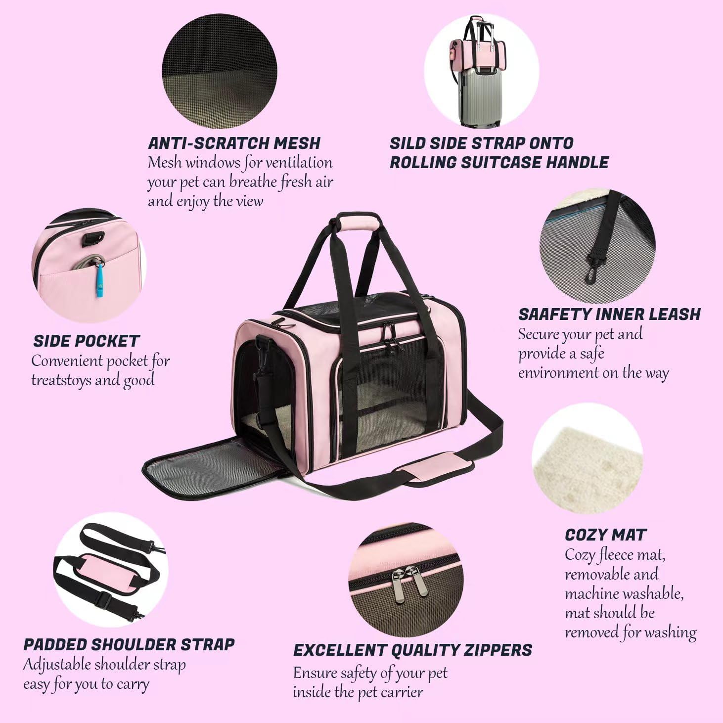Cat Carrier Dog Carrier Pet Carrier Cat Bags for Small Medium Cats Dogs Puppies of 15 Lbs,of Airline Approved Small Dog Bag Soft Sided,Collapsible Travel Puppy Carrier (Large, Pink)