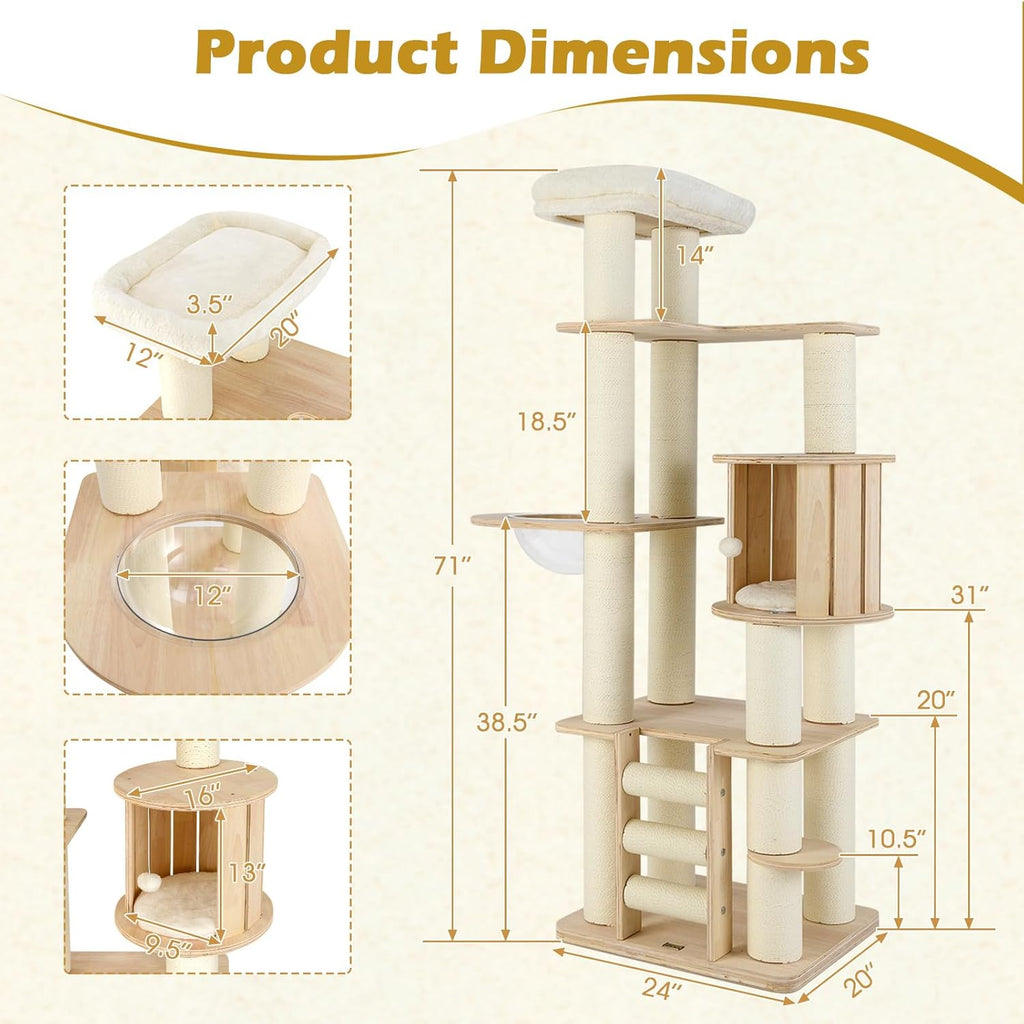 Tangkula 71” Tall Cat Tree, Multi-Layer Wood Cat Tower with Scratching Posts, Perch, Condo, Space Capsule, Ladder, Dangling Ball, Washable Cushions, Modern Cat Tree Tower for Indoor Cats Large Adult
