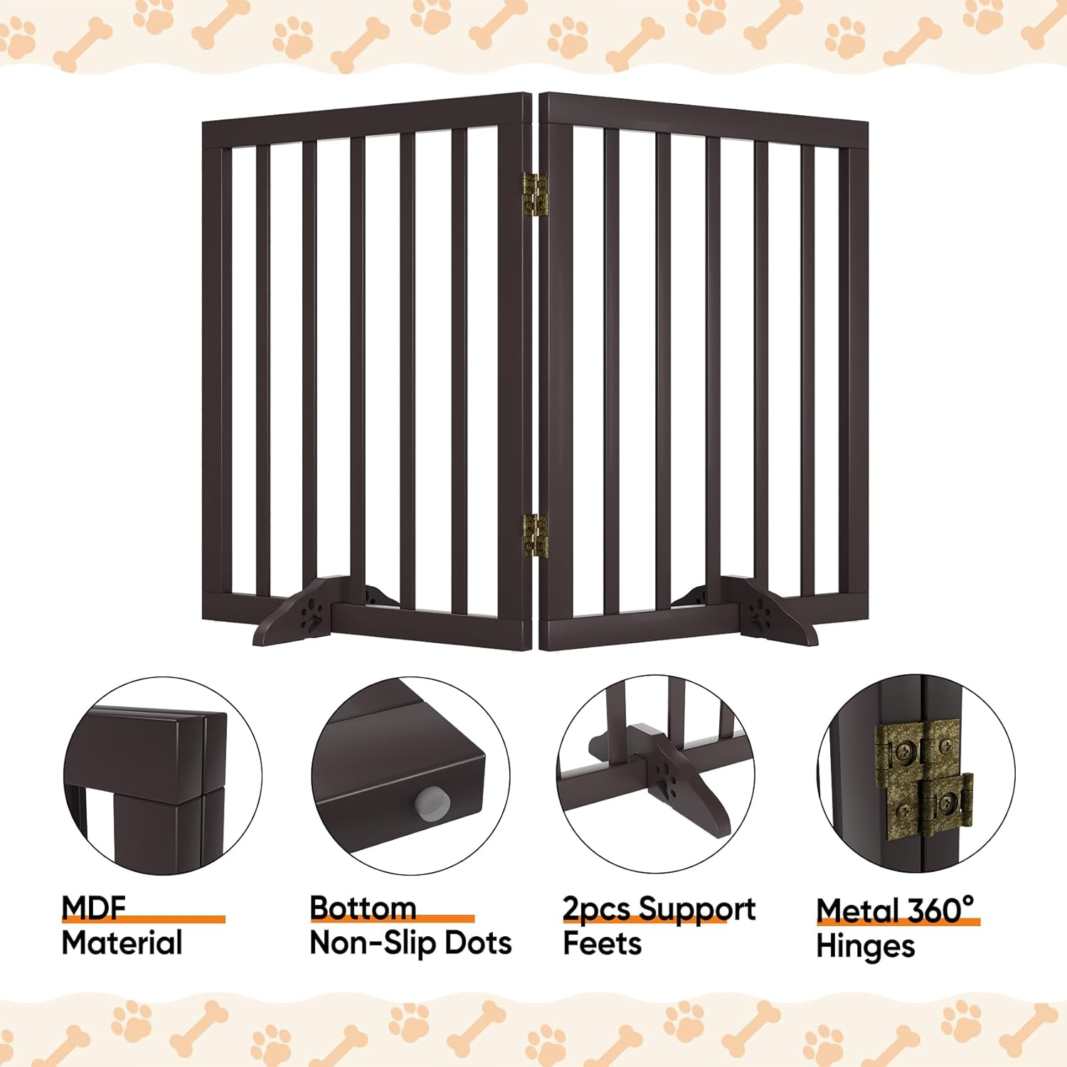 Freestanding Foldable Dog Gate 2 Panel,Fully Assembled Dog Gates for Doorways, Wooden Pet Gates for The House, 24-inch Tall Pet Gate Indoor