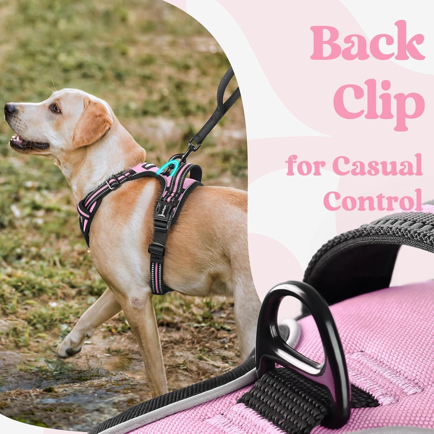 rabbitgoo Dog Harness Medium Sized, No Pull Pet Harness with 3 Buckles, Adjustable Soft Padded Vest with Control Handle, Walking Reflective Pet Vest for Medium Dogs, Pink, M