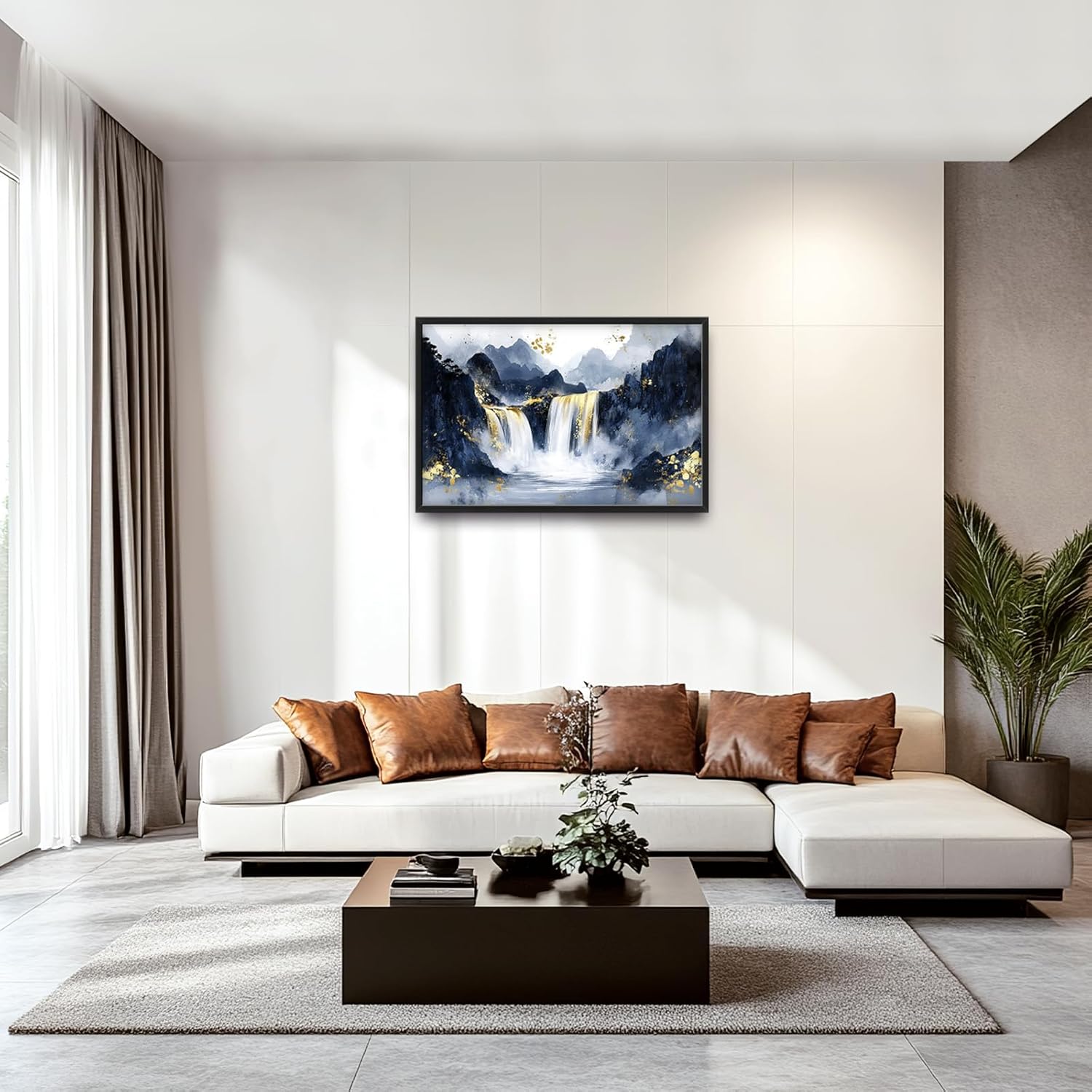 Extra Large Abstract Golden Waterfall Framed Wall Art for Living Room,Oversized Foggy Mountain Pictures Wall Decor,Canvas Print Painting Modern Artwork Bedroom Office Bathroom 36L" x 24W"