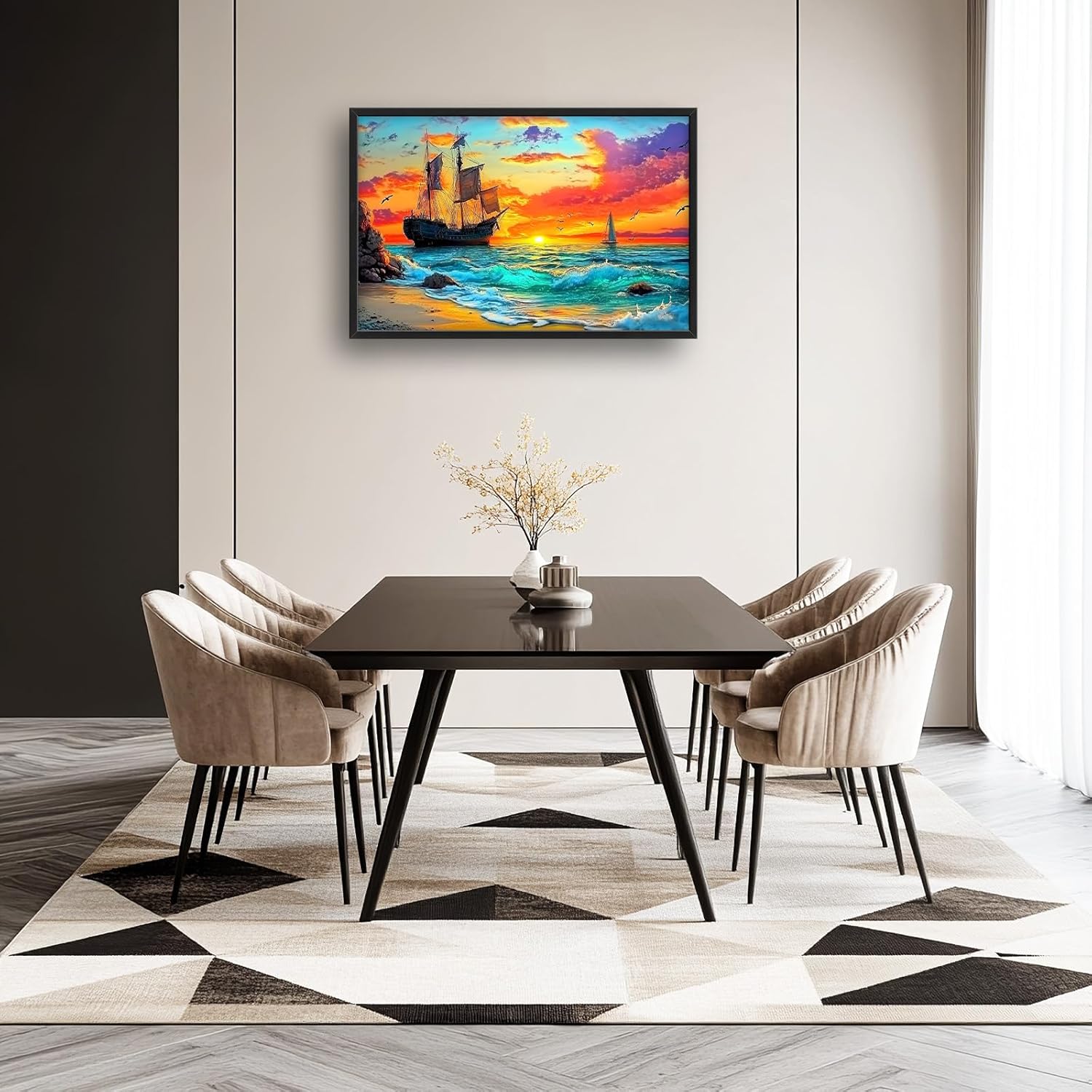 Framed Large Ship Wall Art for Living Room, Oversized Coastal Beach Boat Wall Decor Nautical Seascape Sailboat Canvas Painting Modern Artwork Home Decoration for Living Room Bedroom 36"x24"