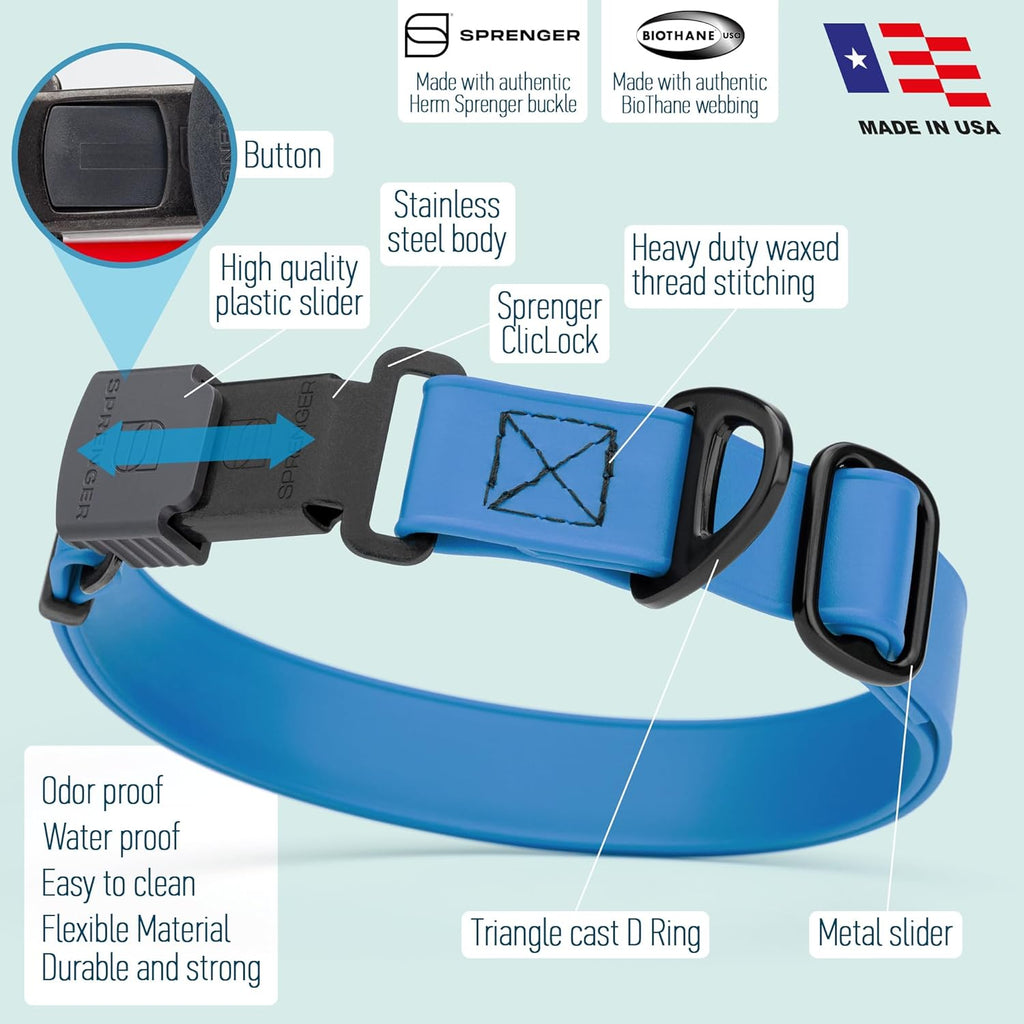 Dogline Biothane Waterproof Dog Collar with Herm Sprenger Black Stainless Steel Quick Release Buckle – Heavy Duty Tactical Durable Collar for Dogs – Comfortable and Safe Pet Collar W 1" L 15-25" Blue