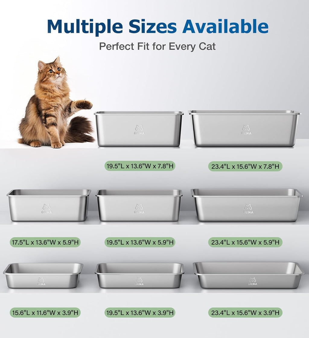2 Packs Stainless Steel Cat Litter Box, 17.5" L×13.6" W×5.9" H, Metal Kitty Litter Box with High Sided for Small Cats, Non-Stick, Easy to Clean, Odor-Free