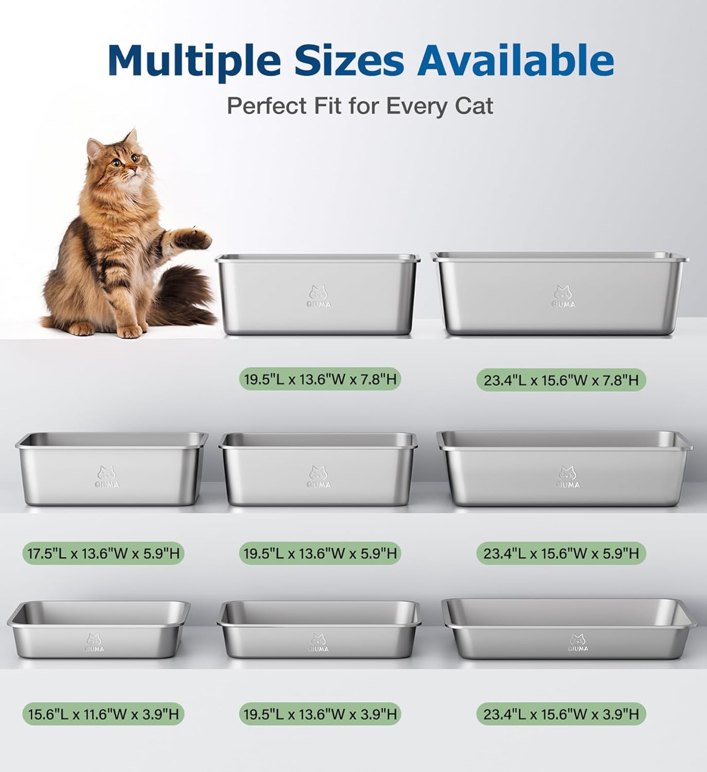 Stainless Steel Litter Box, Large Metal Cat Litter Box with High Sided for Big and Small Cats, Non-Stick, Easy to Clean, Odor-Free, 19.5" L×13.6" W×3.9" H, Leaf Green