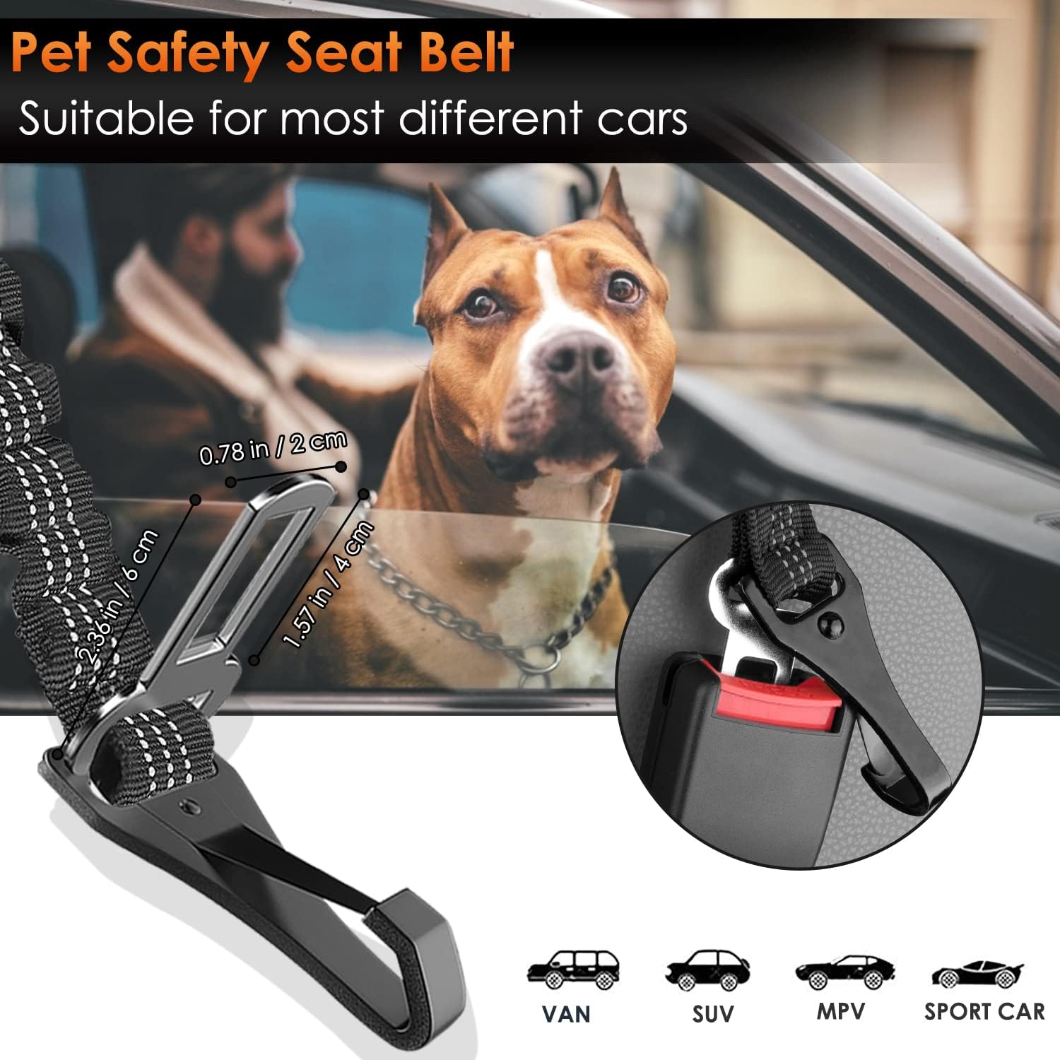 SlowTon Dog Seat Belt, Adjustable Dog Safety Belt Leash, 2 in 1 Latch Bar Attachment Dogs Car Seatbelt with Elastic Nylon Bungee Buffer, Reflective Nylon Belt Tether Connect to Dog Harness(B,35.5in)