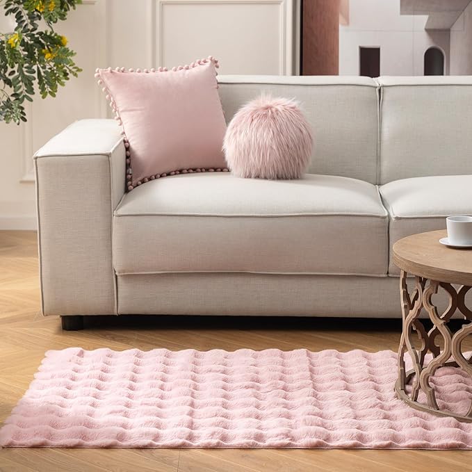 Ashler Faux Rabbit Fur Rug, Pink 3x5 FT Fluffy Soft Area Rug, Rectangle Fuzzy Carpet for Living Room, Bedroom, Machine Washable Shaggy Nursery Rug - 3D Bubble Rug