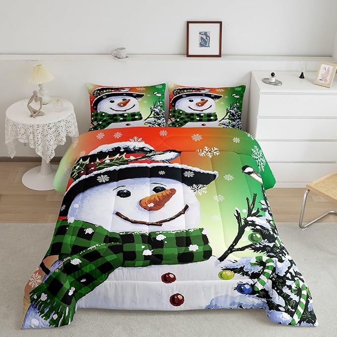 Feelyou Kids Christmas Theme Decorations Bedding Set Xmas Snowman Comforter Set for Boys Girls Snowflake Kawaii Cute Comforter Orange Red Green Quilt Set Bedroom Collection Full Size