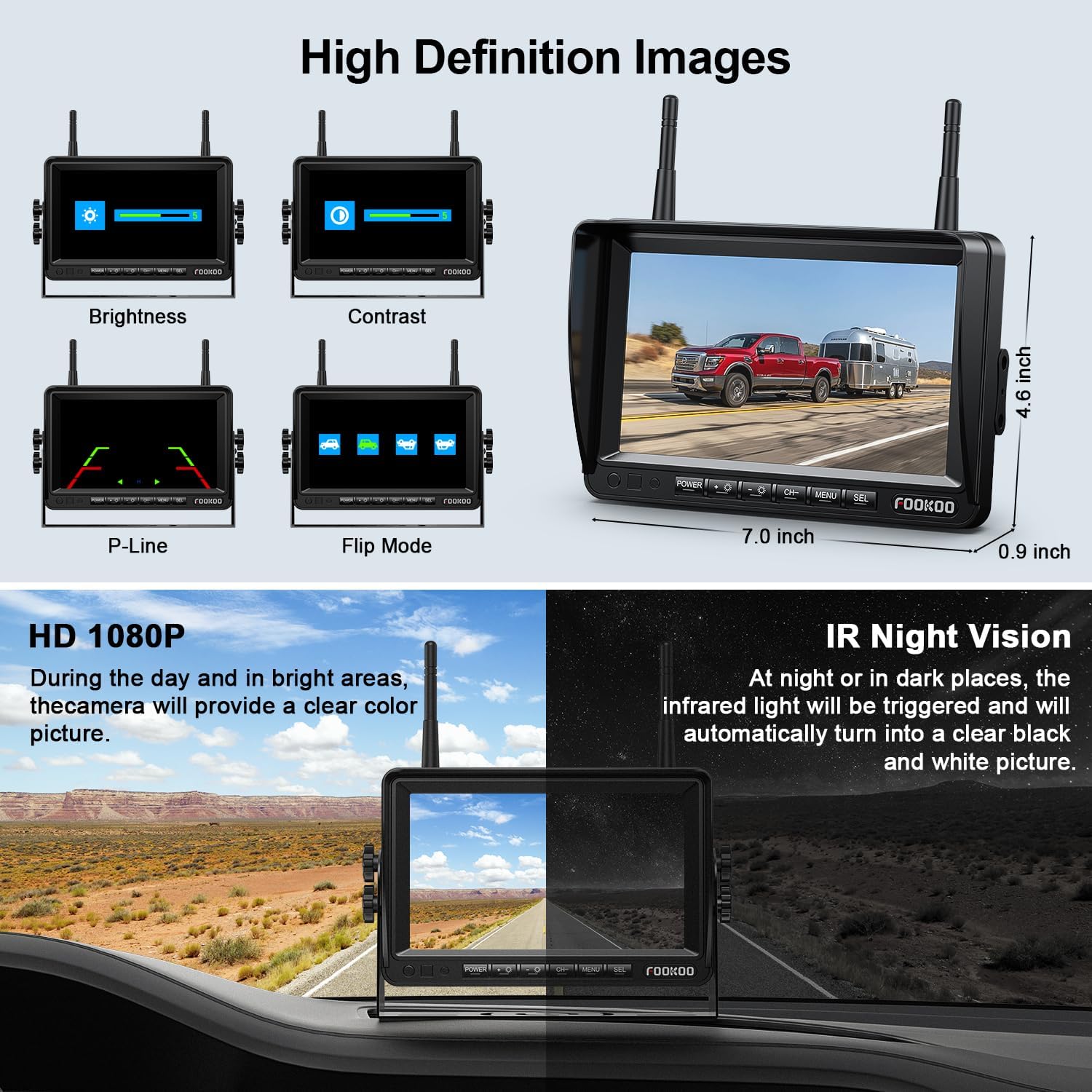 Fookoo HD 1080P 7-inch Wireless Backup Camera for Furrion RV, 7" Split Screen Monitor Plug-Play Easy Setup Rear View Camera DIY Guide Lines Waterproof for Truck RV Trailer Camper Motorhome - DW70101