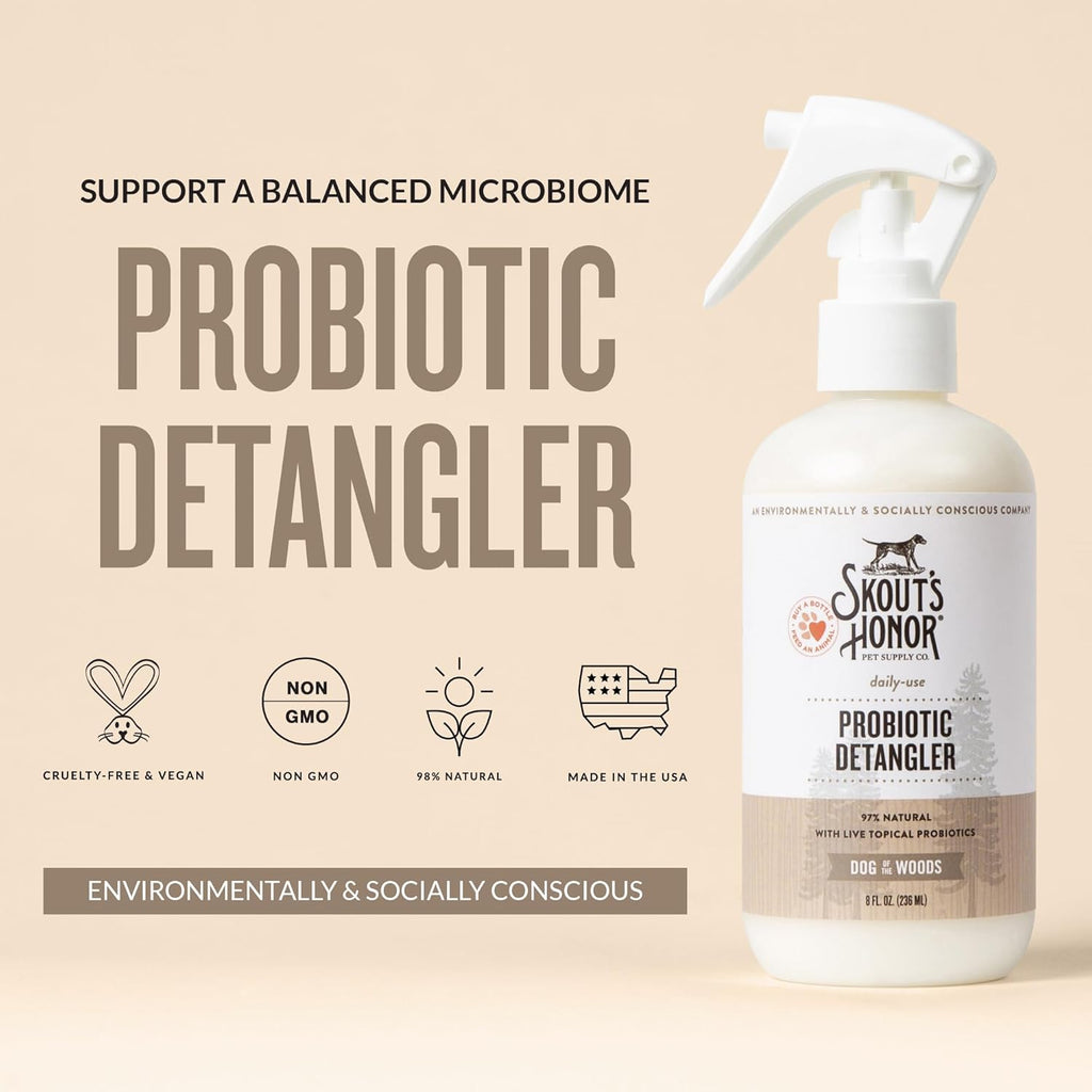 Skout's Honor Pet Detangler Spray - Hydrating & Conditioning with Avocado Oil & Probiotics, 97% Natural, Paraben & Sulfate-Free, softens for a More brushable Coat, Daily Use, 8oz, Dog of The Woods