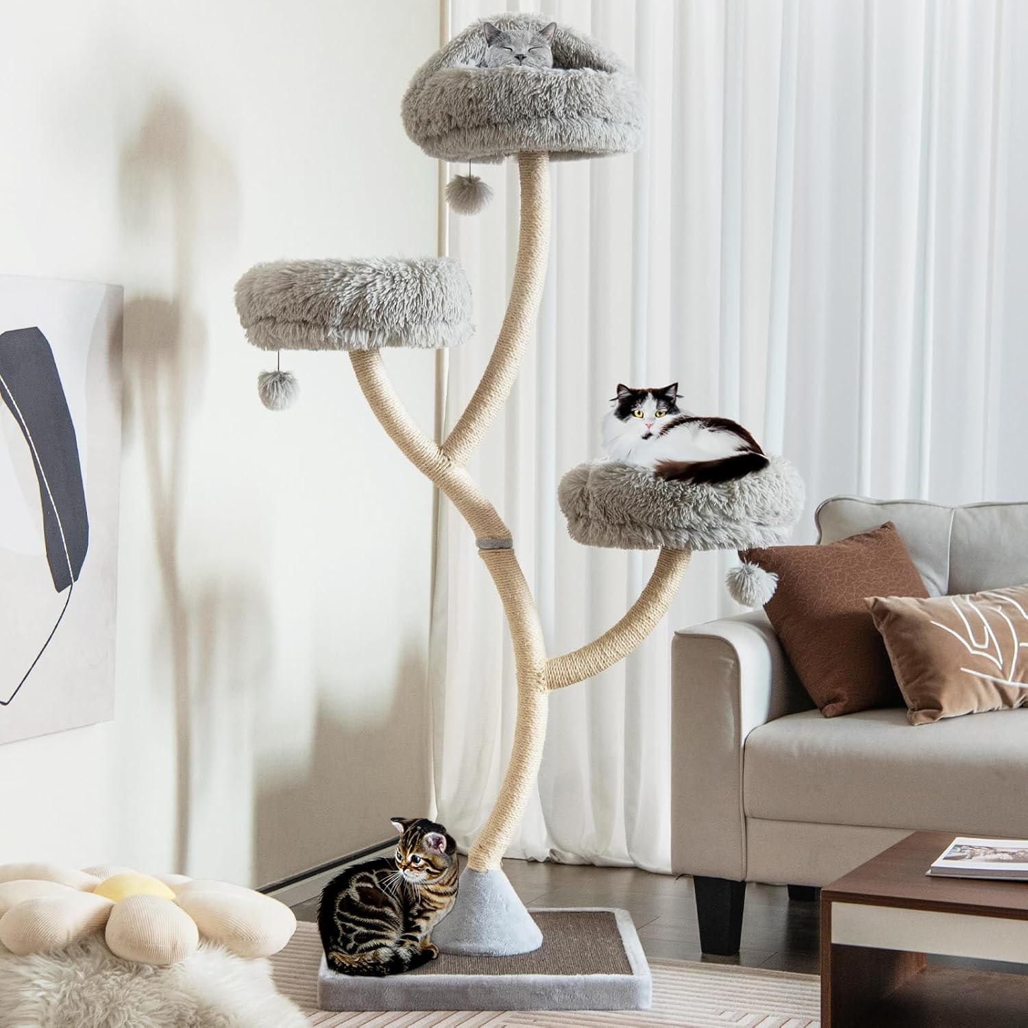PETSITE 70" Tall Cat Tree, Cat Tower with Scratching Posts and Board, Multi-Level Cat Tower for Large Cats 20 lbs+ with 3 Cozy Perches and Dangling Balls, Modern Cat Tree for Indoor Cats Large Adult