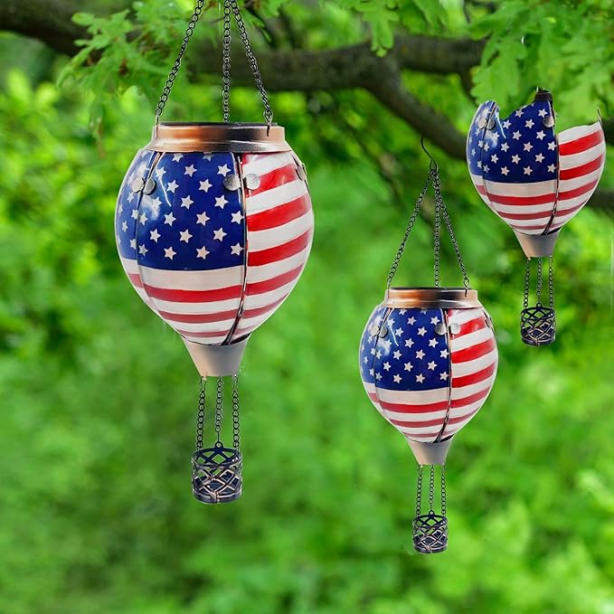 Glass Solar Hot Air Balloon Lantern with Flame Hanging Garden Flickering Light Outdoor Waterproof for Yard Patio Tree 4th of July Decorations, Flag