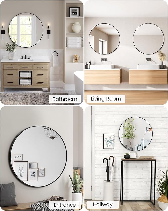 Round Mirror, 32 inch Circle Mirror, HD Eco-Friendly Round Bathroom Mirror for Over Sink, Big Matte Black Metal Framed Wall Mirror for Wall, Vanity, Entryway, Hallway, Living Room, Easy to Install