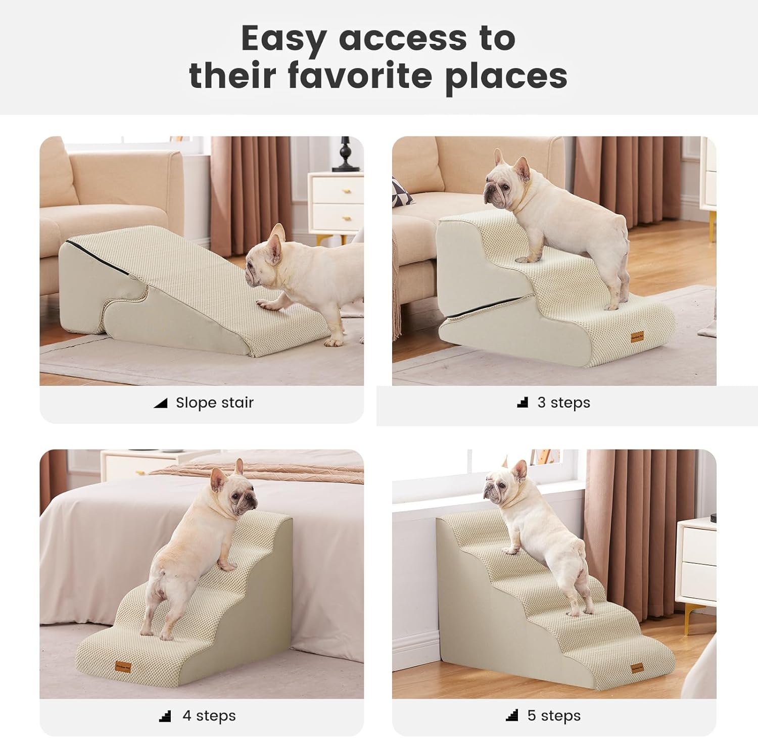 Gardner Pet Dog Stairs for Small Dogs 22.8" H, 5-Step Beige Curved Pet Stairs, Dog Steps for High Bed, Couch (24-30 in) with Durable Non-Slip Waterproof Fabric Cover and CertiPUR-US Certified Foam