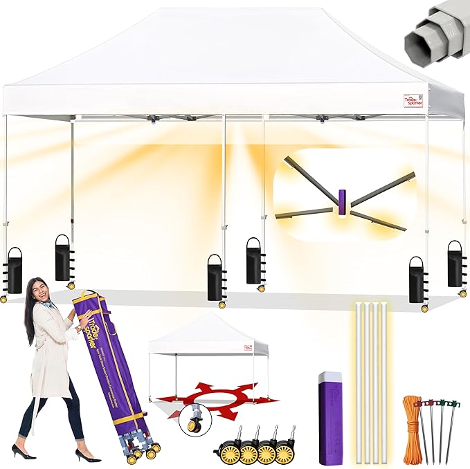 Tradesparker 10x20 Pop Up Canopy Tent,Commercial Movable Canopy with ApexCore LED & Rugged Casters-Instant Easy Setup Shelter Canopies with Weight Bags & Stakes for Oudoor Events Markets Vendors,White