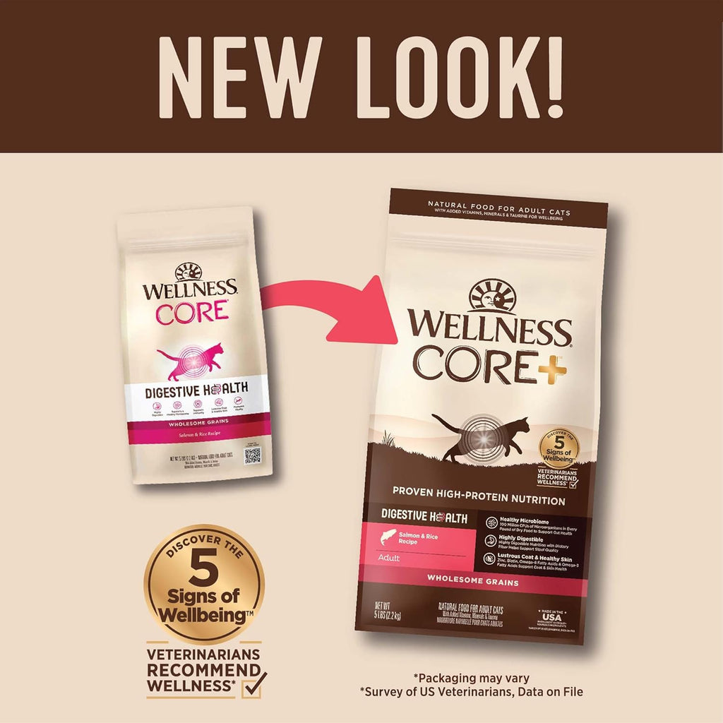 Wellness CORE+ Adult Dry Cat Food for Indoor and Outdoor Cats, Wholesome Grains, Natural, Digestive Health Salmon & Rice (5 Pound Bag)