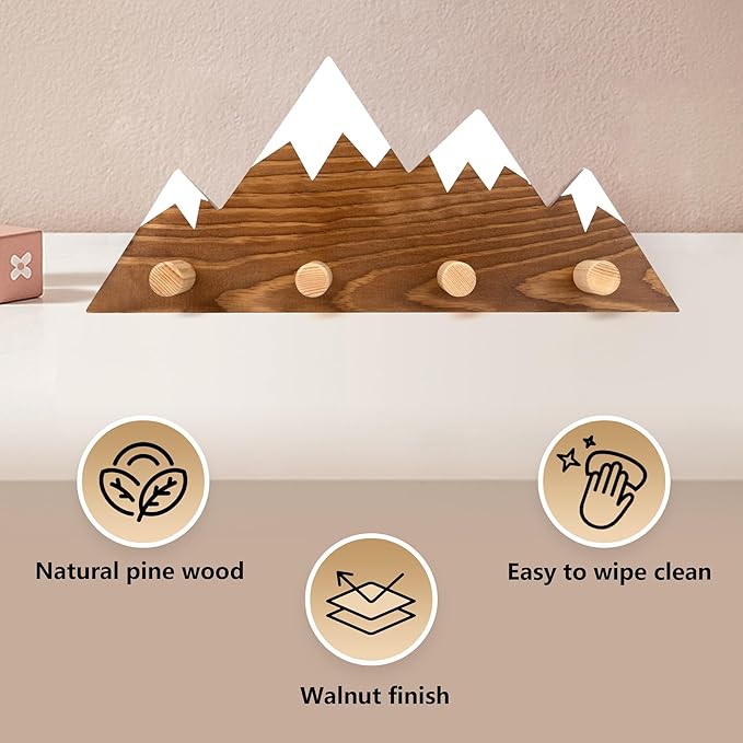 Mountain Wall Hooks - Woodland Nursery Decor - Wall Mount Organizer for Kids Coats & Towels - Ideal Adventure Mountain Decor Baby Shower Gifts - Walnut Finish