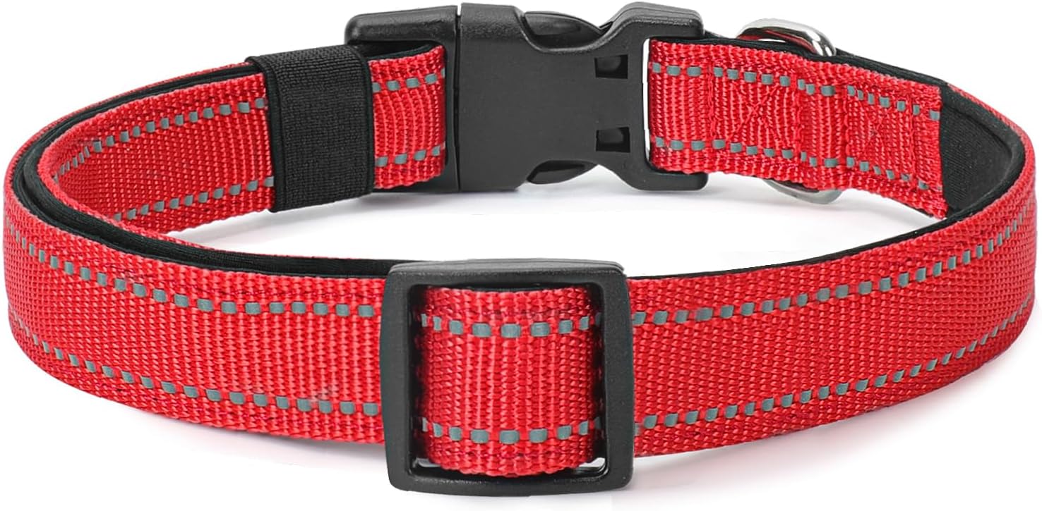 Reflective Dog Collar Padded with Soft Neoprene Breathable Quick Release Basic Dog Collars for Medium Large Dogs Red Boy Girl