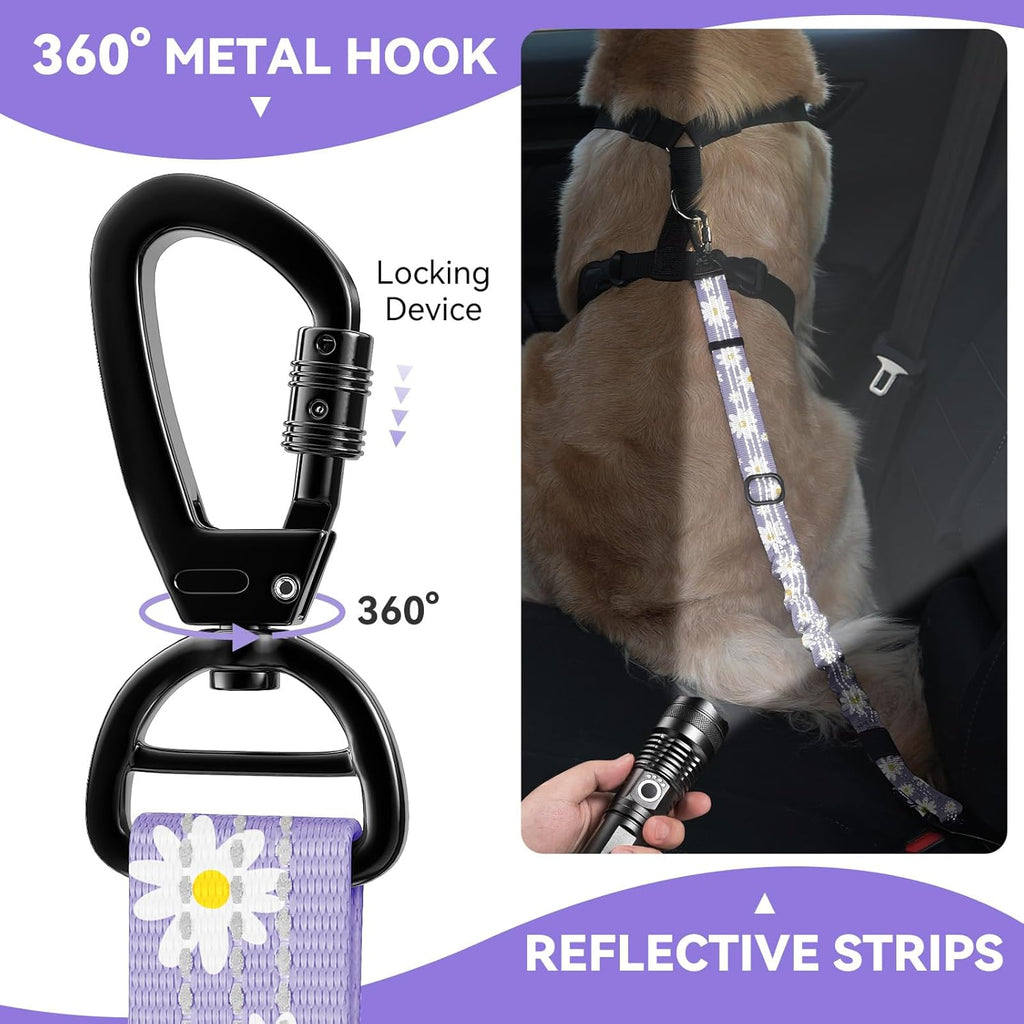 Pawaboo 2Pack Dog Seatbelt for Car, 3-in-1 Dog Car Seat Belt Bungee, Dogs Tether for Cars with Buckle & Hook Latch, Adjustable Reflective Dogs Cars Harness Leash with 360° Lockable Buckle,Light Purple