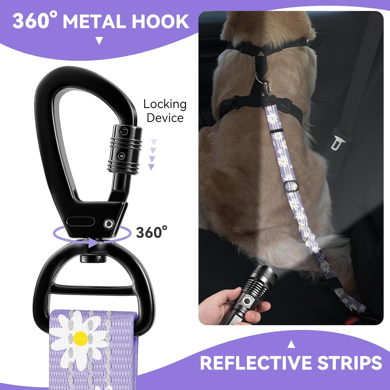 Pawaboo 2Pack Dog Seatbelt for Car, 3-in-1 Dog Car Seat Belt Bungee, Dogs Tether for Cars with Buckle & Hook Latch, Adjustable Reflective Dogs Cars Harness Leash with 360° Lockable Buckle,Light Purple