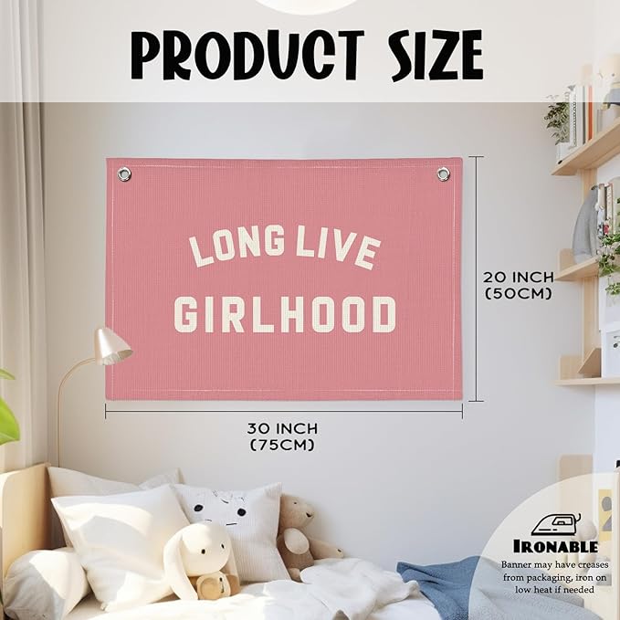 Long Live Girlhood Banner, Girls Baby Nursery Decor, Toddler Girl Room Decor, Pink Girls Room Wall Decor, 30x20 Inch Linen Wall Hanging Canvas Banner Flag - Hot Pink