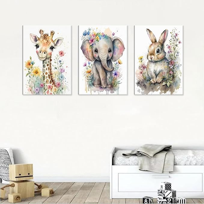 3Pcs Baby Watercolor Safari Animals Nursery Canvas Wall Art Cute Jungle Animals with Wildflower Picture Posters Wall Decor Giraffe Elephant Rabbit Painting Print Artwork for Kids Children Room 12x16in