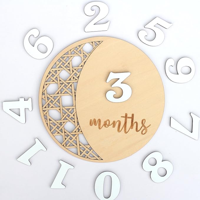 Daisy 3D Baby Monthly Milestone, Wooden Baby Milestone Signs, Monthly Milestone Wood Discs, Baby Milestone Discs (Moon)