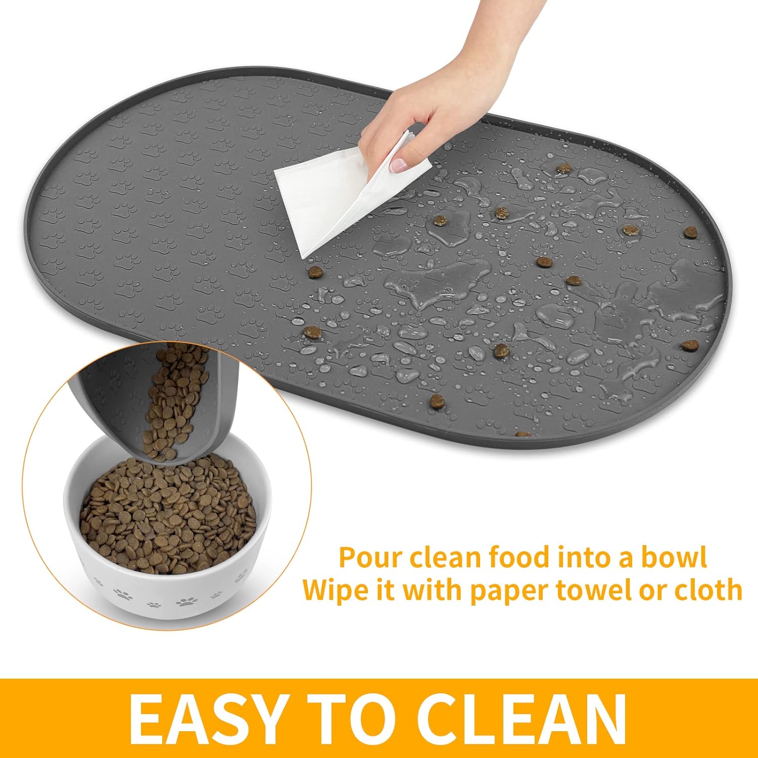 KPWACD Pet Feeding Mat for Dogs and Cats, Silicone Dog Placemat Non-Slip Waterproof Bowl Mats Prevent Food and Water Overflow, High-Lips Puppy Dish Tray Mat Suitable for Large Medium Small Pets, Grey