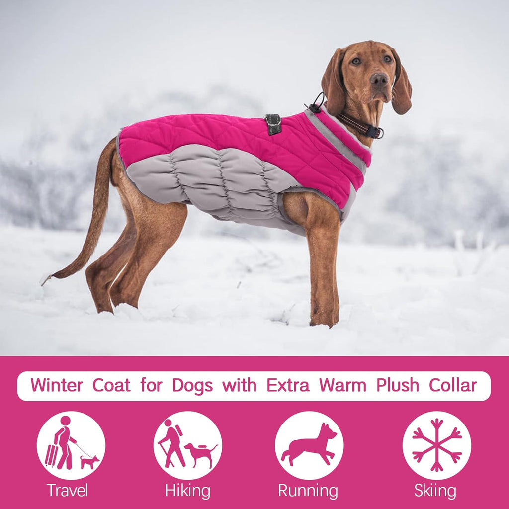 FUAMEY Dog Coat, X-Large, Pink, Faux Fur, Turtle Neck, Zipper, Water Resistant, Reflective, Windproof, Fitted for Large Breeds