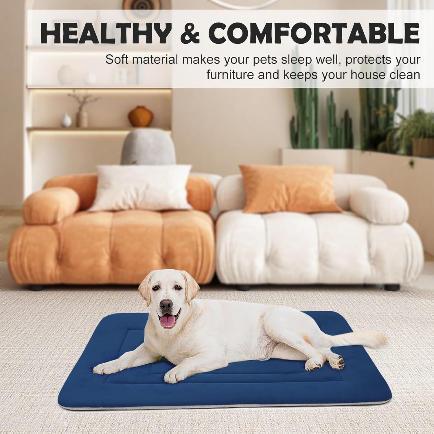 JoicyCo Soft Dog Crate Pad Mat, 48 in Non-Slip Bottom Washable Bed for Extra Large Dogs, Pet Mattress Kennel Pad, Dark Blue