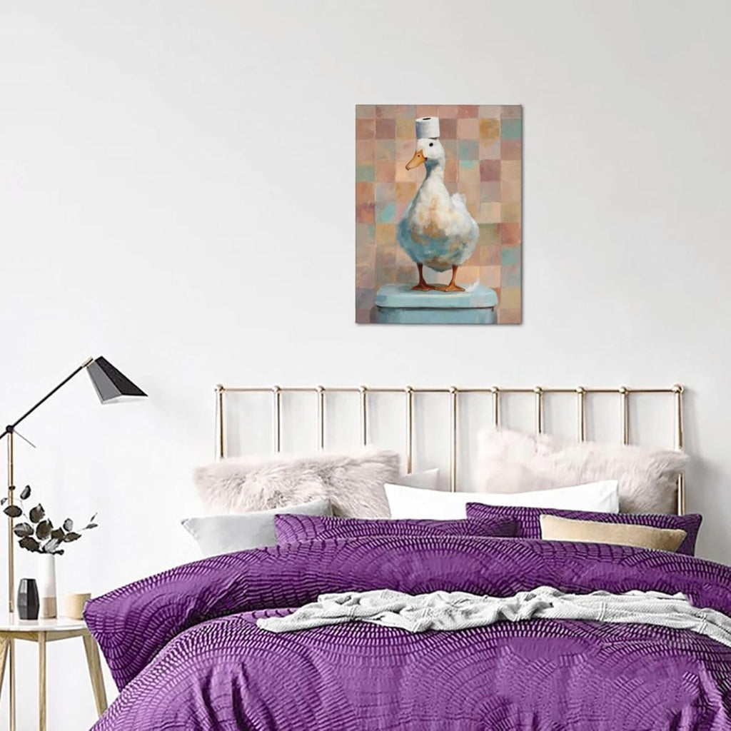 Funny Duck Bathroom Wall Art Cute Duck on Toilet Canvas Wall Decor Funny Quirky Farm Animal Pictures Painting Print Framed Artwork Decorations Gifts for Bathroom 12"x16"