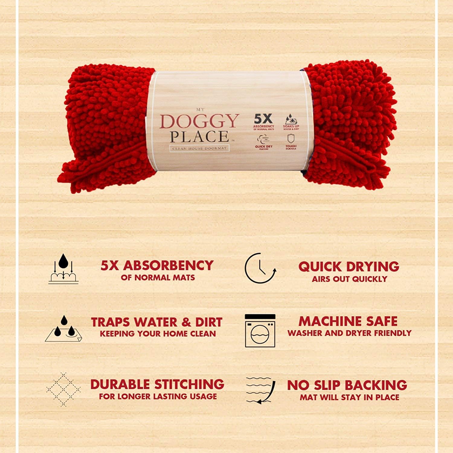 My Doggy Place Microfiber Dog Mat for Muddy Paws, 36" x 26" Red - Absorbent and Quick-Drying Dog Paw Cleaning Mat, Washer and Dryer Safe - Non-Slip Rubber Backed Dog Floor Mat, Large