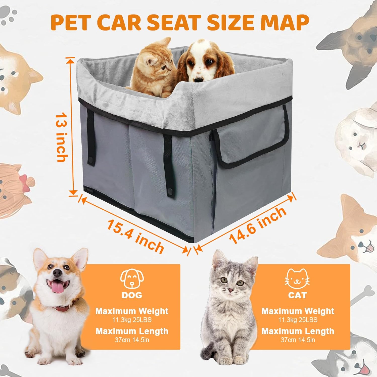Eunice Small Dog Car Seat, 15.5 in (L) X 14.6 in (W) X 13 in (H) Washable Detachable and Portable Dog Booster Car Seat with Clip-on Safety Leash, Puppy Car Seats Storable Bottom Layer - Up to 25 lbs