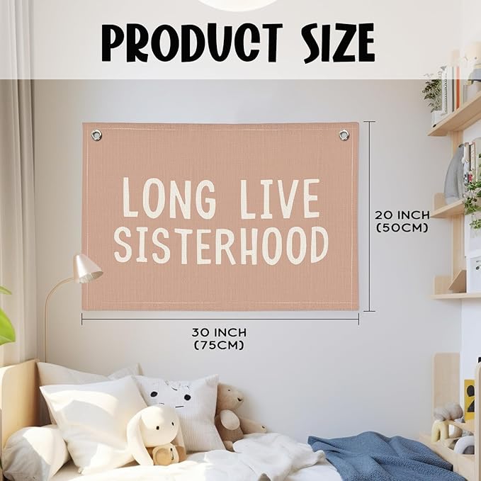 Long Live Sisterhood Nursery Banner - Pink Linen Wall Hanging for Baby Shower, Toddler Room Decor & Girls Bedroom - Sister Friendship Art Inspirational Banner 20x30