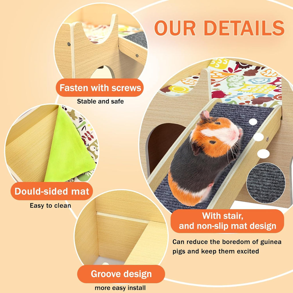 Large Guinea Pig Hideout, Sturdy Wooden Guinea Pig House, Small Animal Toys Accessories Bed Hut Habitats with Ramp and Mat, Easy to Install for Hamsters Bunny Rabbit Playing Hiding
