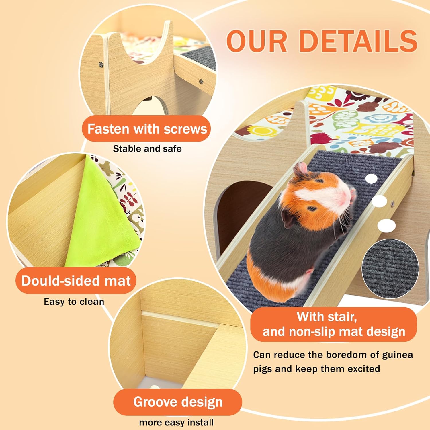 Large Guinea Pig Hideout, Sturdy Wooden Guinea Pig House, Small Animal Toys Accessories Bed Hut Habitats with Ramp and Mat, Easy to Install for Hamsters Bunny Rabbit Playing Hiding