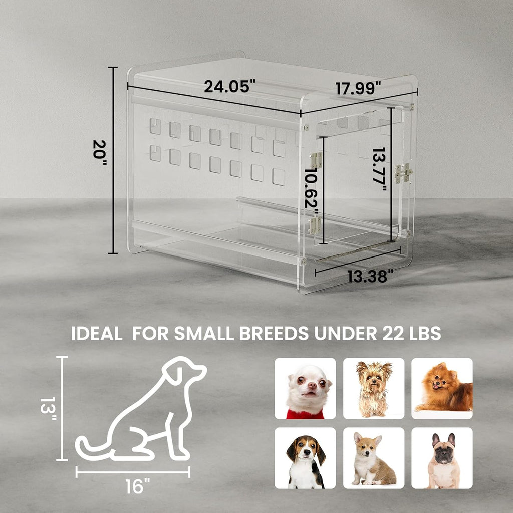 Sumerflos Clear Acrylic Dog Crate - Modern Dog Kennel Furniture, Indoor End Table Dog Crate Lockable Ventilated for Most Small Dog Cat Pet, 24.05" L x 17.99" W x 20" H
