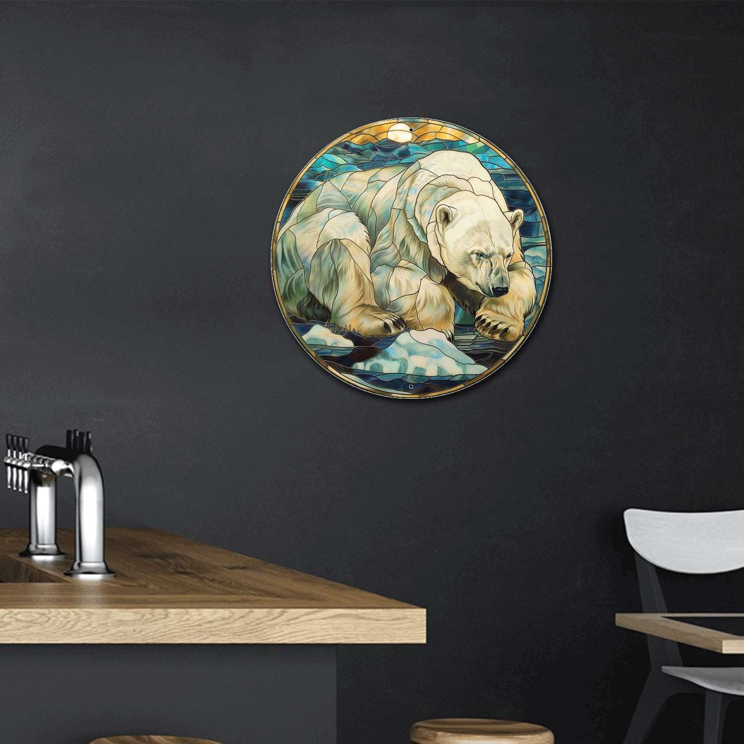 Lygond Metal Sign Tin Sign Circular Stained Glass Polar Bear Garden Tin Sign for Pet 8×8 Inches