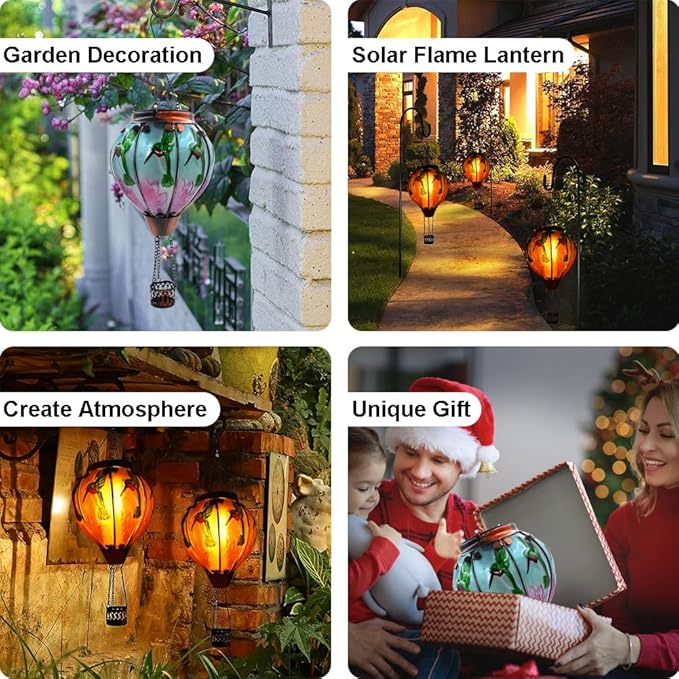 Hot Air Balloon Solar Lantern with Flickering Flame, Glass Hanging Garden Lights Outdoor Waterproof for Tree Yard Patio Mother's Day Gift, 18" H Hummingbird