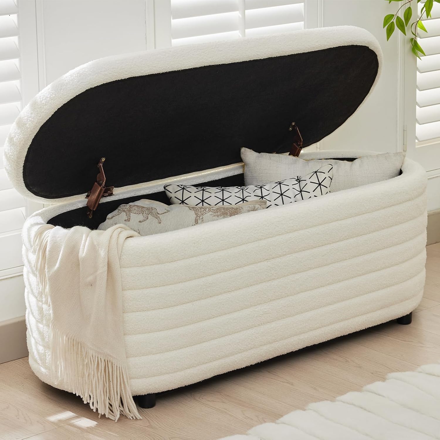 Storage Teddy Ottoman Bench Upholstered Fabric Storage Bench End of Bed Stool with Safety Hinge for Bedroom, Living Room, Entryway, Closet(44.5", White)