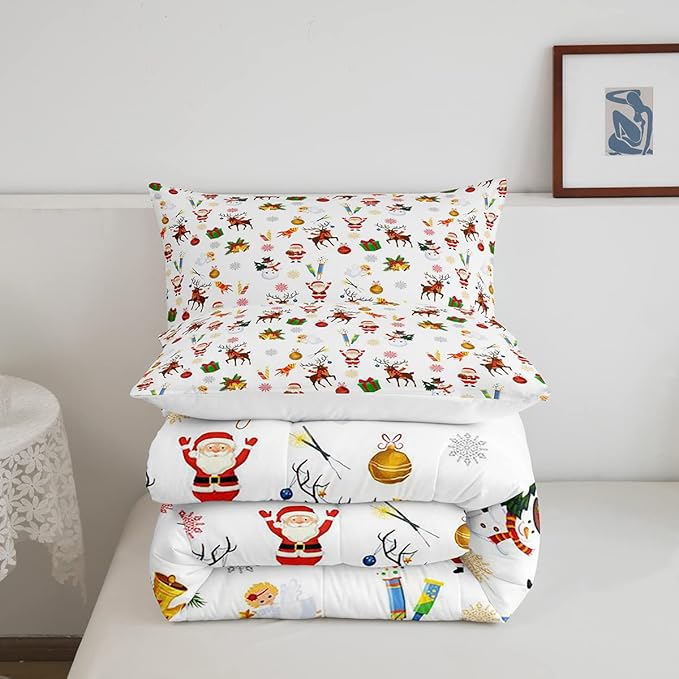 Feelyou Christmas Kids Comforter Set Cute Snowman Santa Claus Bedding Set Boys Girls Cute Reindeer Bells Cartoon Design Quilt Collection 3Pcs King Size