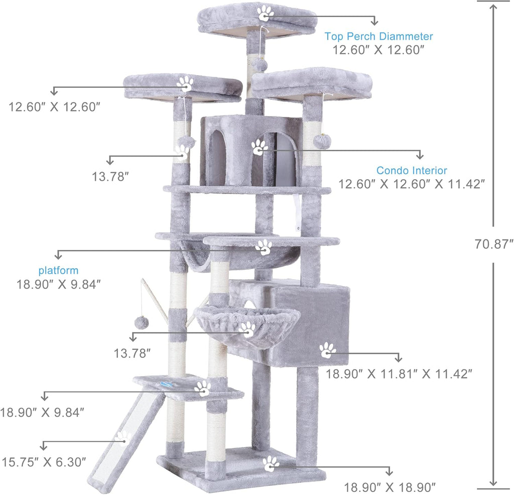 Hey-brother Cat Tree, 71 inches XL Large Cat Tower for Indoor Cats, Multi-Level Cat House with 3 Padded Perches, Big Scratcher, Cozy Basket, 2 Cat Condos and Scratching Posts, Light Gray MPJ034W