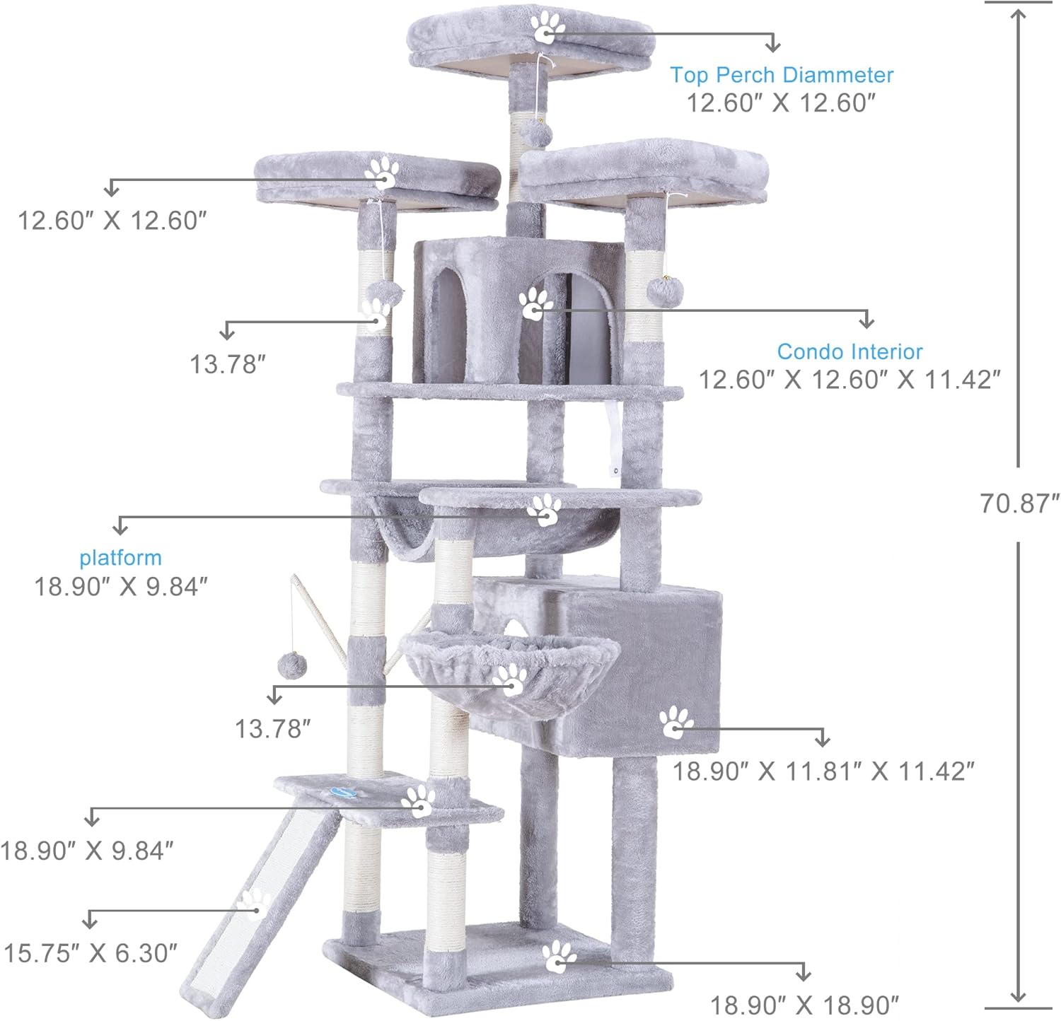 Hey-brother Cat Tree, 71 inches XL Large Cat Tower for Indoor Cats, Multi-Level Cat House with 3 Padded Perches, Big Scratcher, Cozy Basket, 2 Cat Condos and Scratching Posts, Light Gray MPJ034W